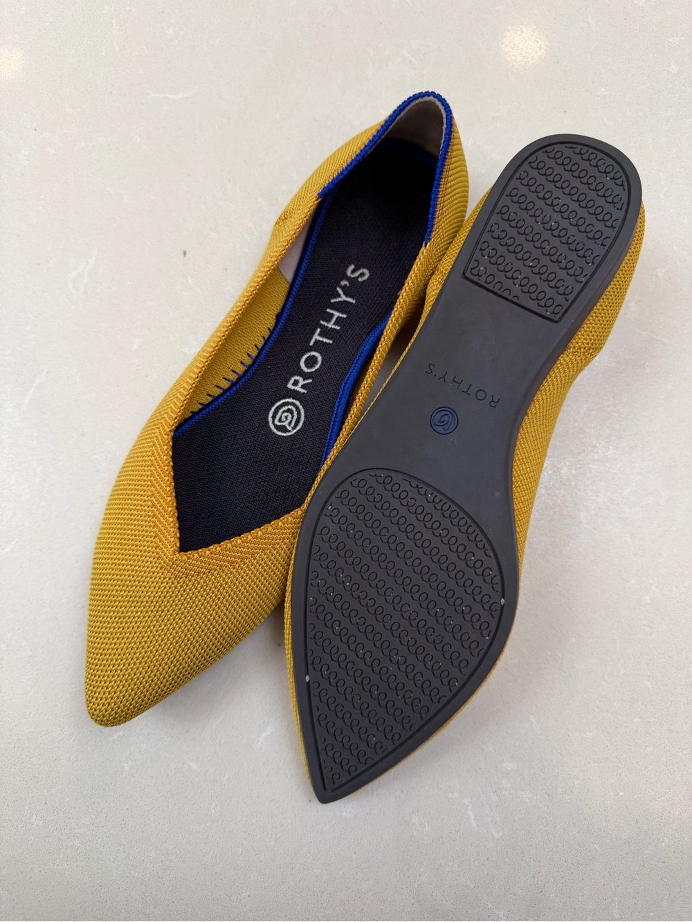 Rothy's Pointed Knit Flats in Mustard with Blue Trim - Picture 3 of 9